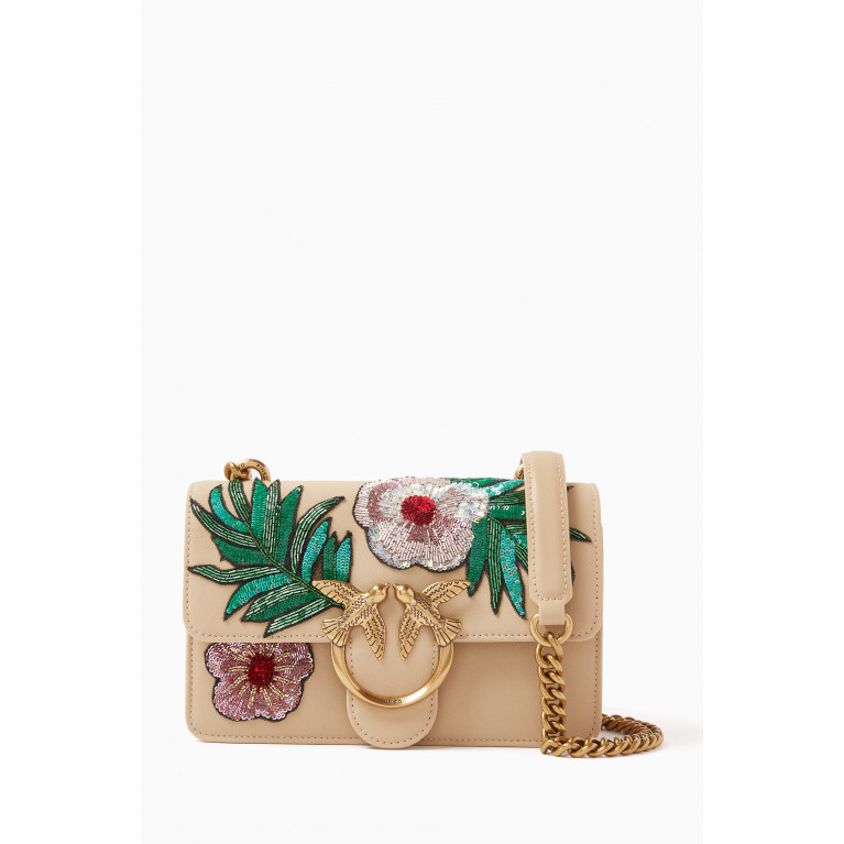 PINKO - Mini Love One Bag with Glass-beaded Flowers in Leather
