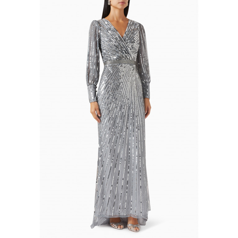 Mac Duggal - Sequinned Wrap Gown Silver