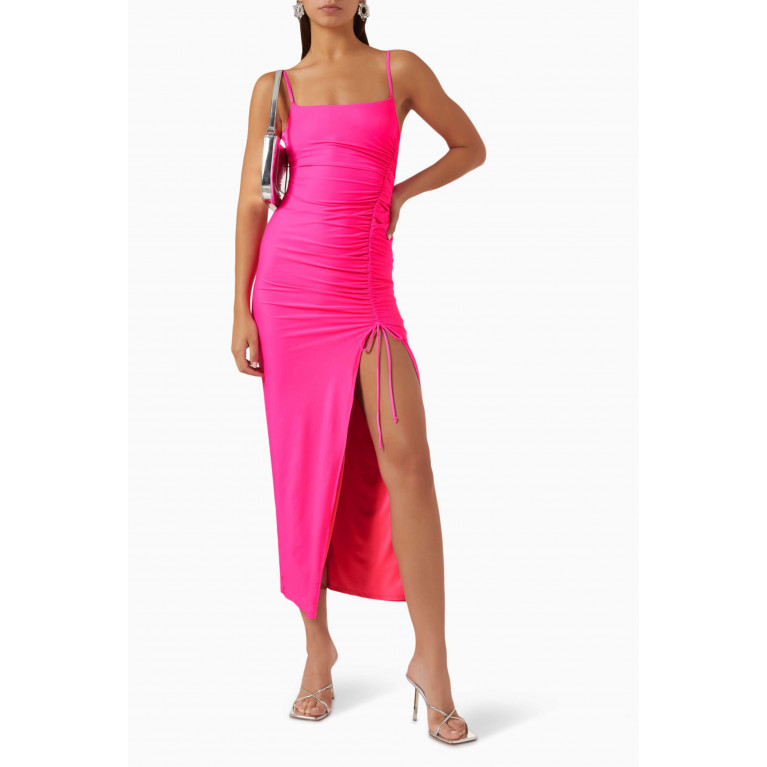 Good American - Ruched Maxi Slip Dress in Stretch-satin Pink