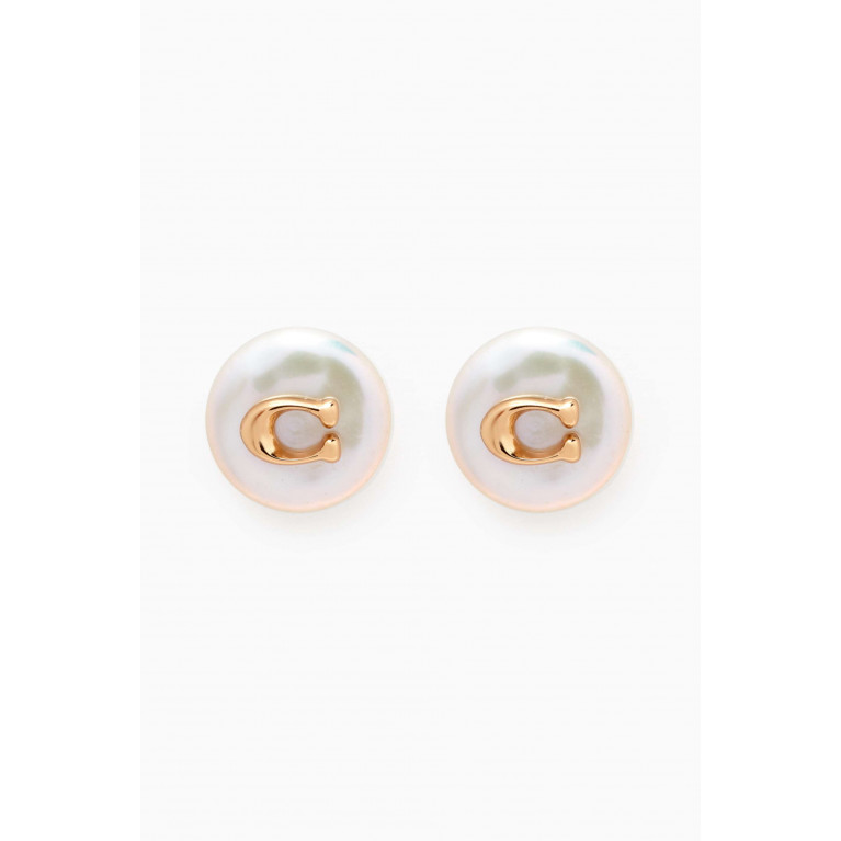 Coach - Signature Coin Pearl Stud Earrings in Metal