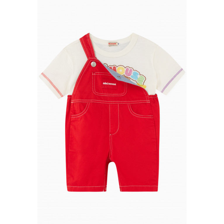 Miki House - Logo Dungarees in Denim Red