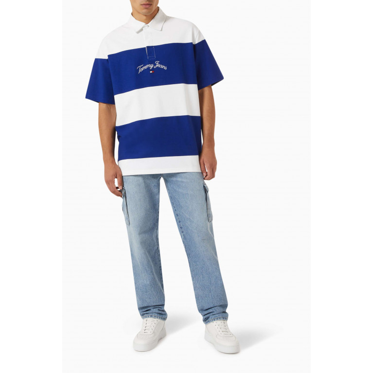 Tommy Jeans - Striped Logo Rugby Shirt in Cotton Terry White