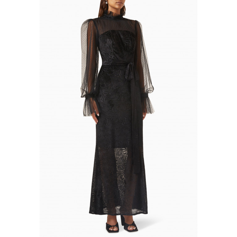 NASS - Puffed-sleeves Maxi Dress in Velvet & Dotted-tulle