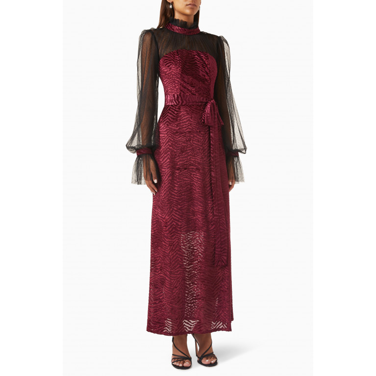 NASS - Puffed-sleeves Maxi Dress in Velvet & Dotted-tulle Red