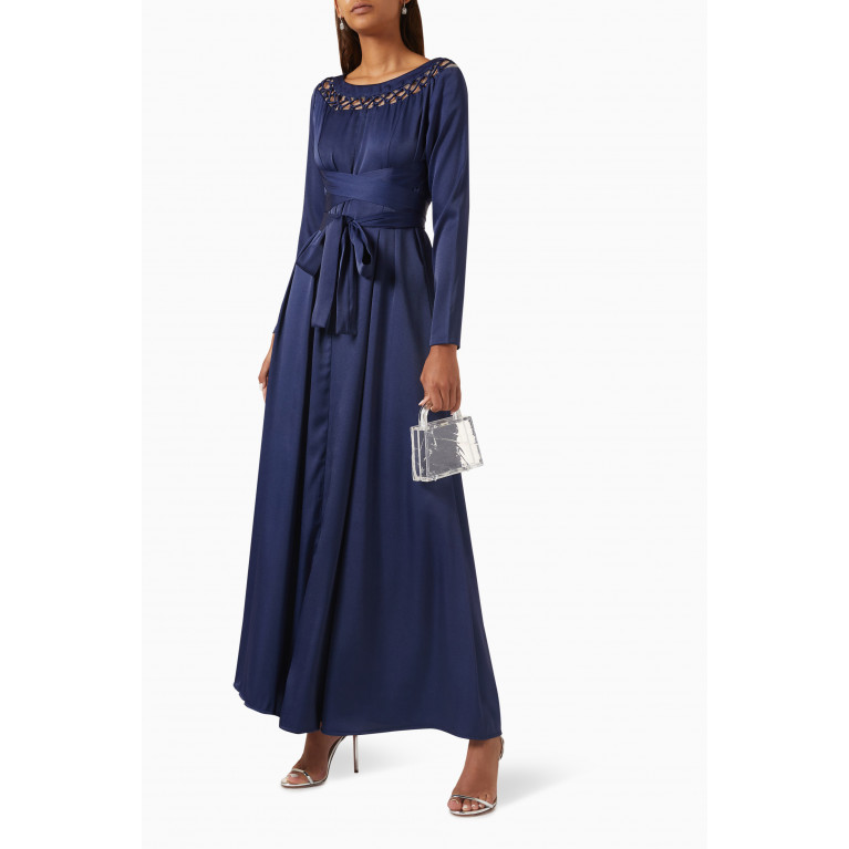 NASS - Cut-out Trim Belted Maxi Dress in Satin Blue