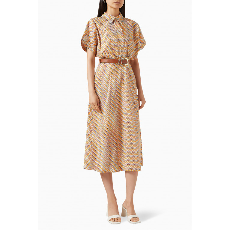 Setre - Geometric-print Belted Midi Dress in Cotton