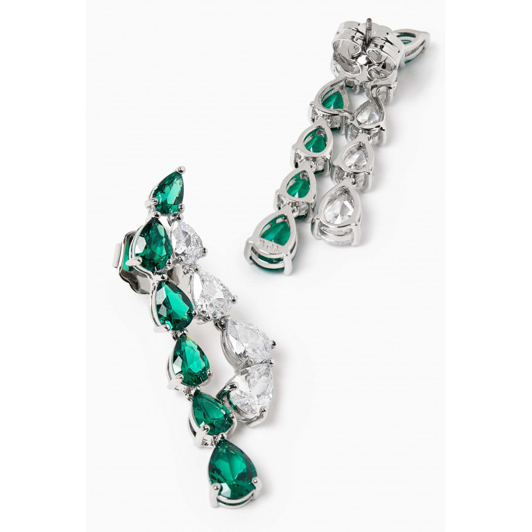 CZ by Kenneth Jay Lane - Double Pear Waterfall Earrings in Rhodium-plated Brass Green
