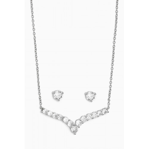CZ by Kenneth Jay Lane - Round Stud Earrings & Necklace in Rhodium-plated Brass