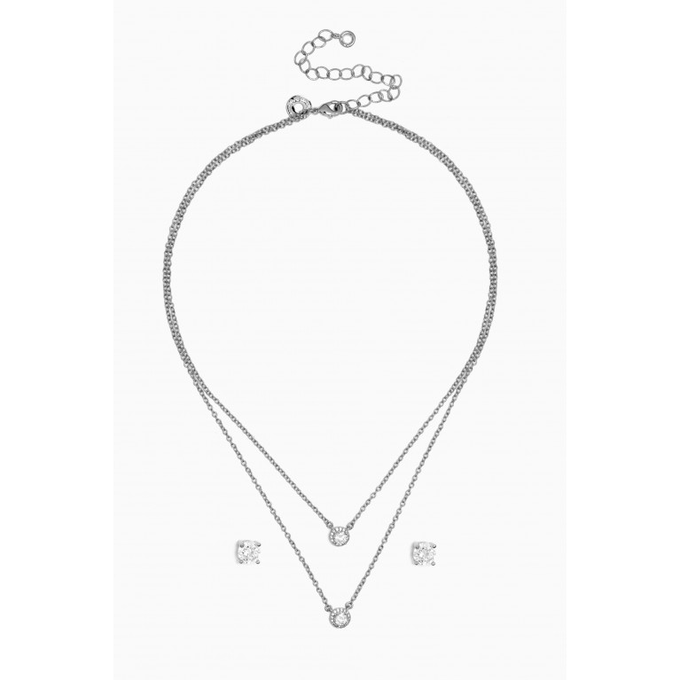 CZ by Kenneth Jay Lane - Double Row Halo Necklace & Earring Set in Rhodium-plated Brass