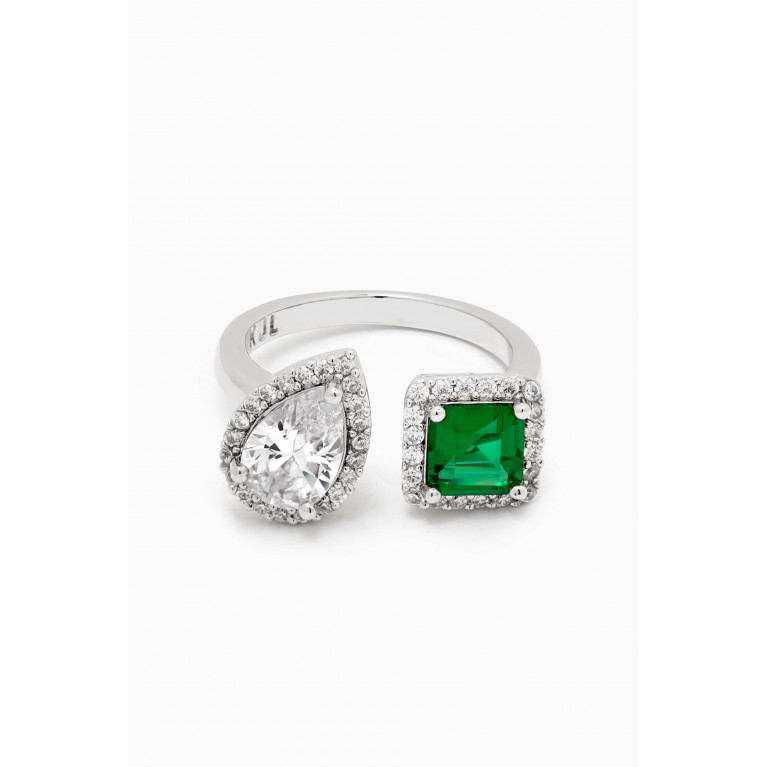 CZ by Kenneth Jay Lane - Pear & Square Open Ring in Rhodium-plated Brass