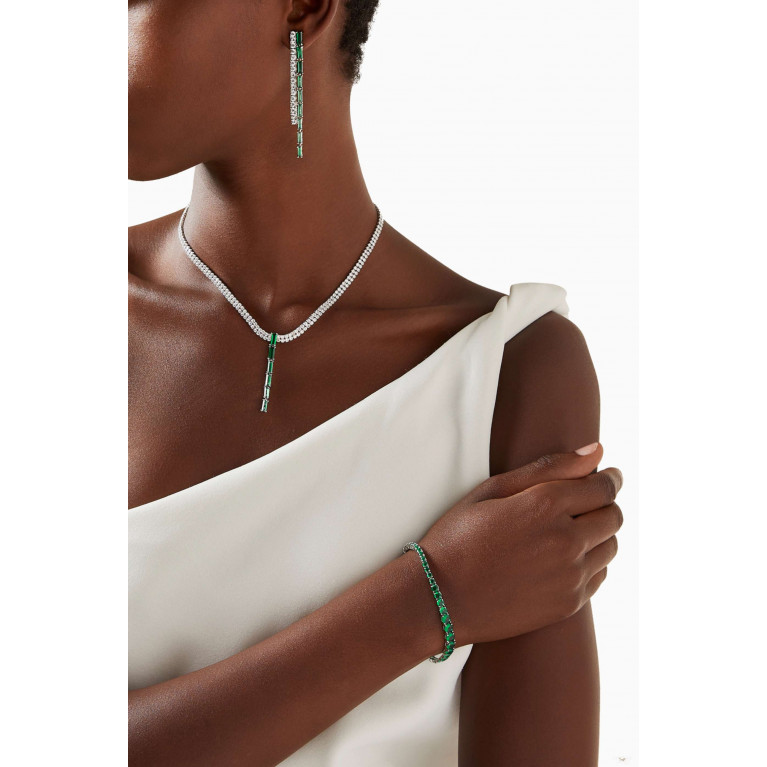 CZ by Kenneth Jay Lane - Baguette Drop Necklace in Rhodium-plated Brass Green