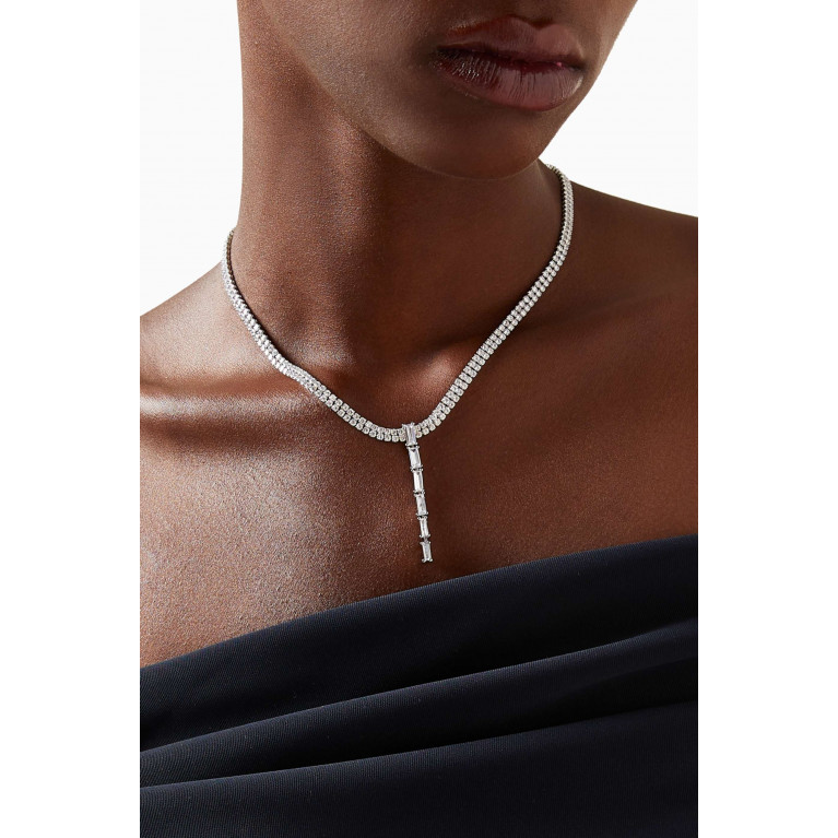 CZ by Kenneth Jay Lane - Baguette Drop Necklace in Rhodium-plated Brass Silver