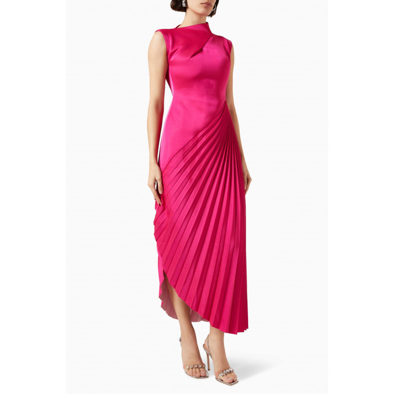 CHATS by C.Dam - Asymmetrical Pleated-skirt Midi Dress in 3D Spandex Pink