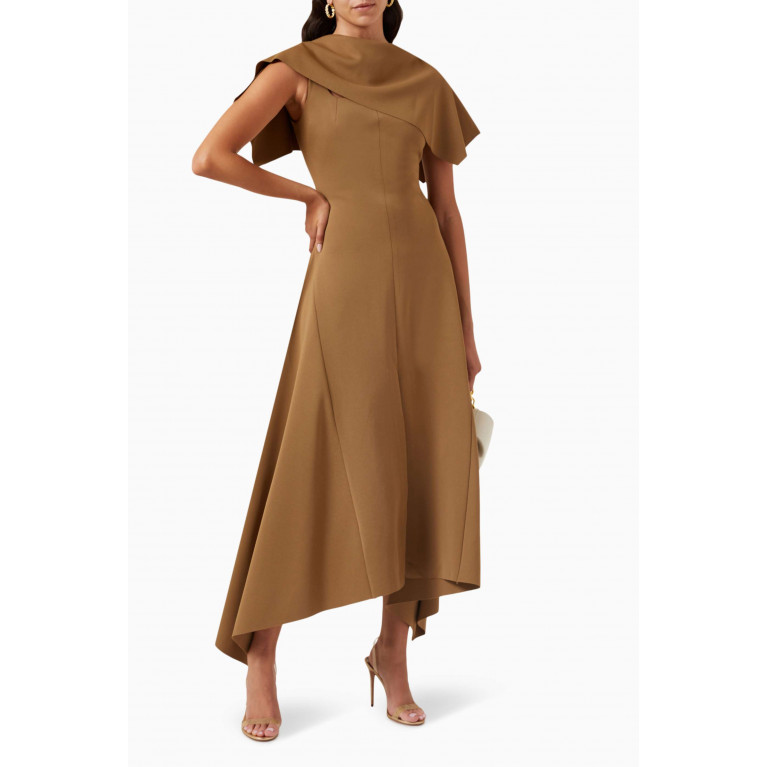 CHATS by C.Dam - Gathered Asymmetrical Midi Dress in Double-jersey Brown