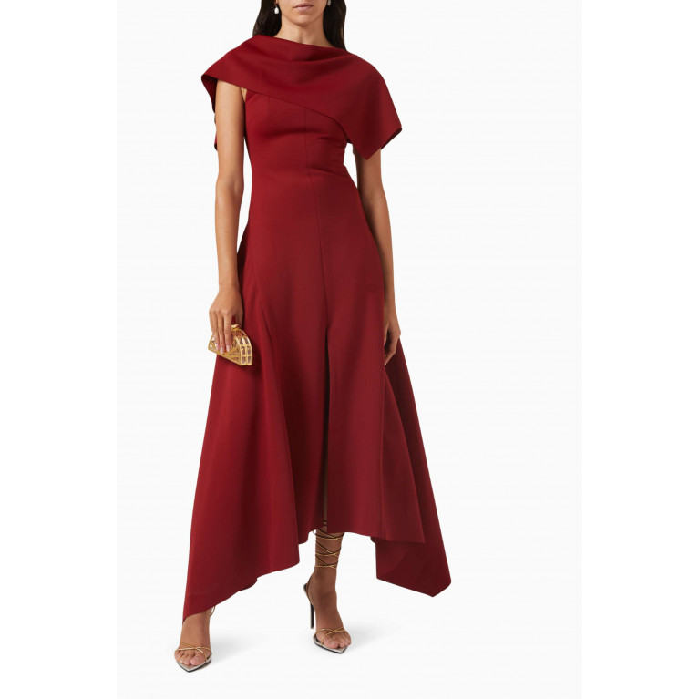 CHATS by C.Dam - Gathered Asymmetrical Midi Dress in Double-jersey Red