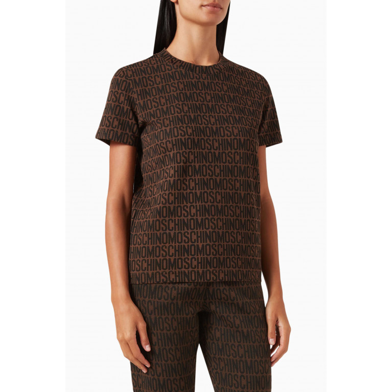 Moschino - All-over Logo T-shirt in Cotton-blend Jersey Brown