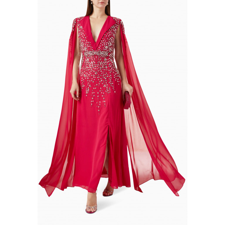 Raishma - Embellished Cape Sleeve Gown in Georgette Pink