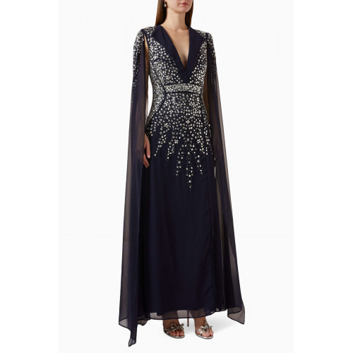 Raishma - Embellished Cape Sleeve Gown in Georgette Blue
