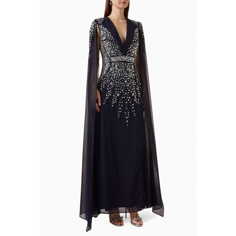 Raishma - Embellished Cape Sleeve Gown in Georgette Blue