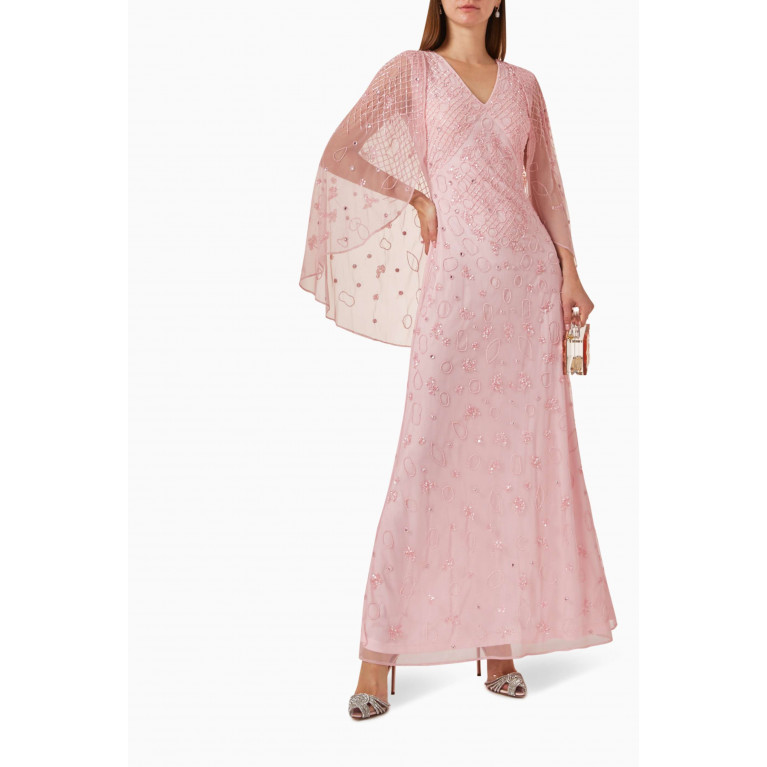 Raishma - Beaded Cape Gown in Tulle Pink