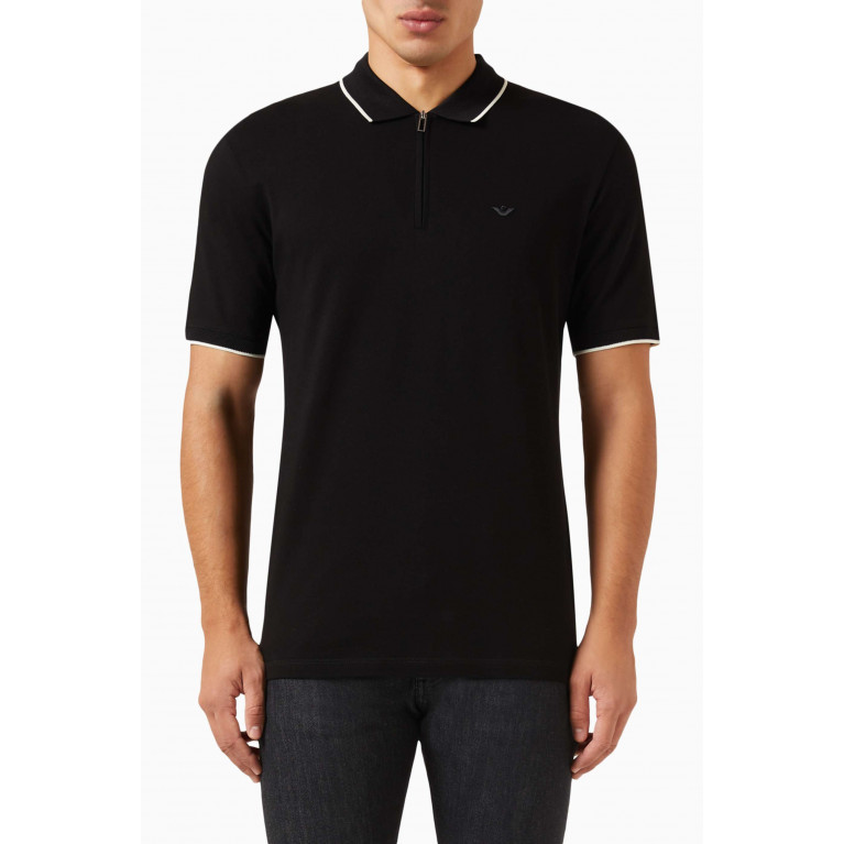Emporio Armani - Eagle Logo Embroidered Polo Shirt in Cotton Black