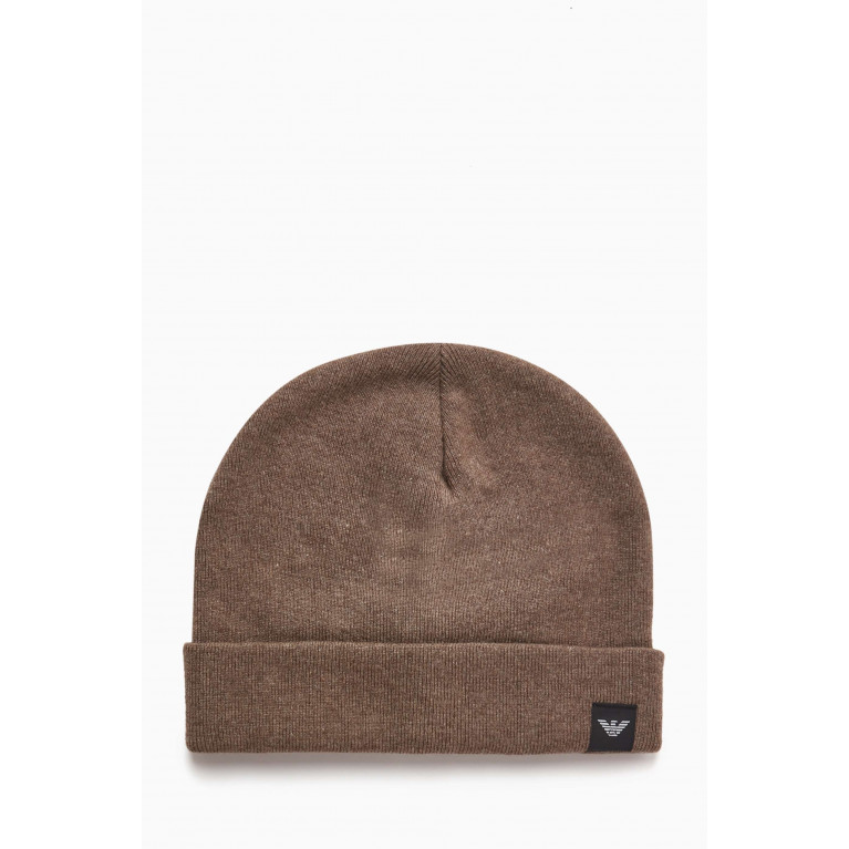 Emporio Armani - Ribbed Beanie Hat in Wool-blend Brown