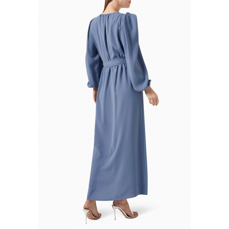 Mimya - Puff-sleeve Belted Dress Blue