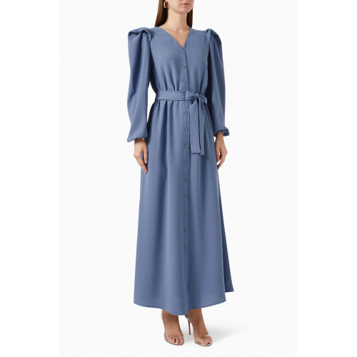 Mimya - Puff-sleeve Belted Dress Blue