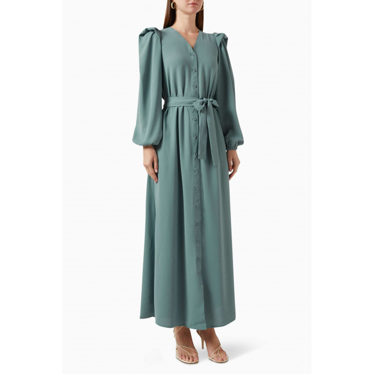Mimya - Puff-sleeve Belted Dress Green