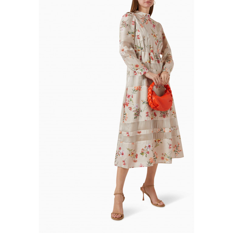 Mimya - Floral-print Belted Dress Neutral