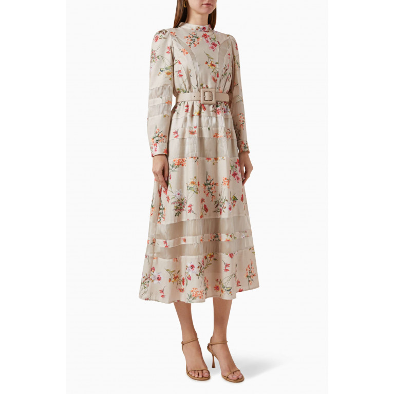 Mimya - Floral-print Belted Dress Neutral