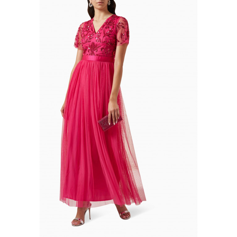 Maya - Floral Sequin-embellished Maxi Dress in Tulle Pink