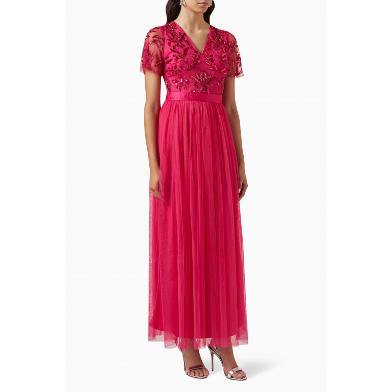 Maya - Floral Sequin-embellished Maxi Dress in Tulle Pink
