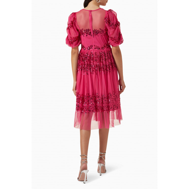 Maya - Floral Sequin-embellished Midi Dress in Tulle Pink