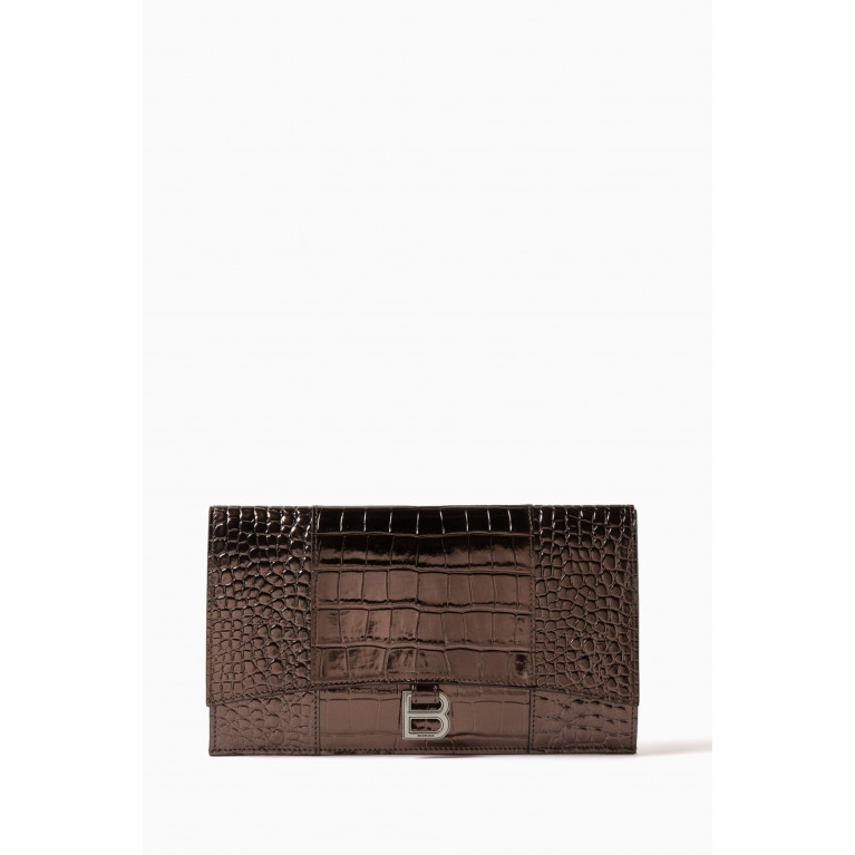 Balenciaga - Hourglass Flat Pouch with Flap in Shiny Metallized Crocodile-embossed Calfskin
