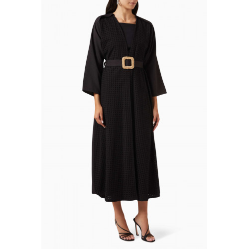Beige Collection - Two-textured Belted Abaya Black