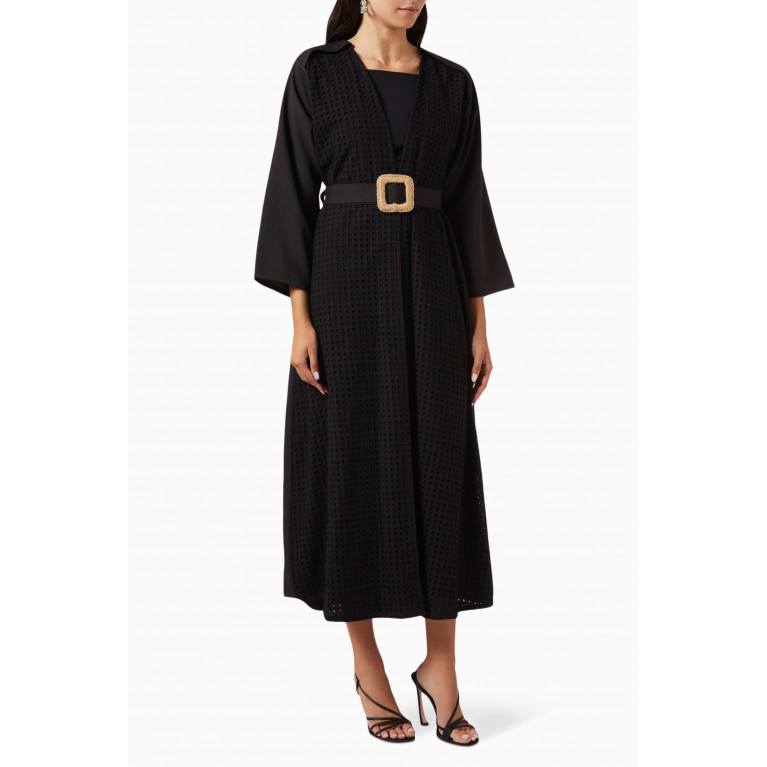 Beige Collection - Two-textured Belted Abaya Black