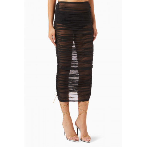 Good American - Sheer Ruched Maxi Skirt in Recycled Mesh Black