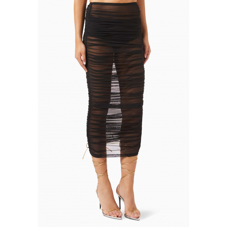 Good American - Sheer Ruched Maxi Skirt in Recycled Mesh Black