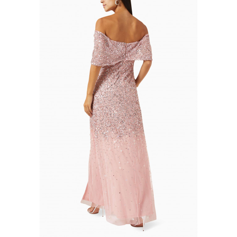Amelia Rose - Off-shoulder Embellished Maxi Dress in Tulle Pink