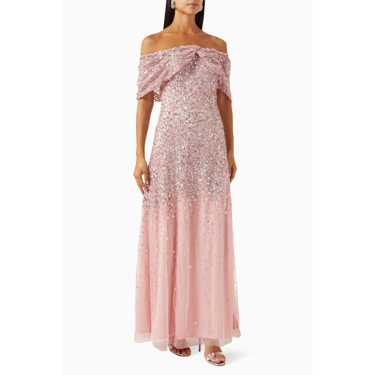 Amelia Rose - Off-shoulder Embellished Maxi Dress in Tulle Pink