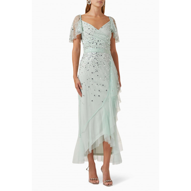 Amelia Rose - Embellished Ruffle-trimmed Midi Dress in Tulle Green