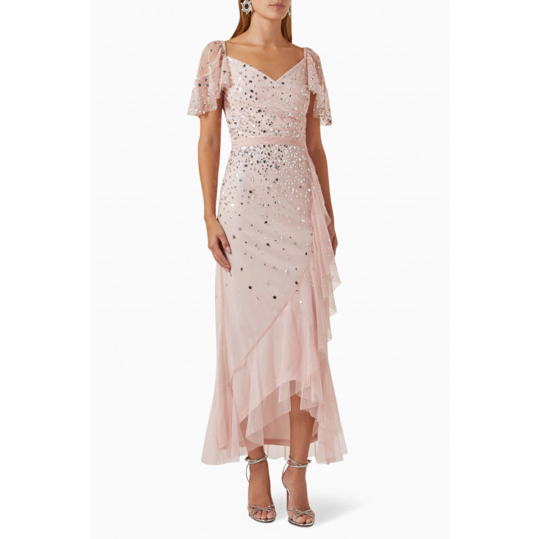 Amelia Rose - Embellished Ruffle-trimmed Midi Dress in Tulle Pink