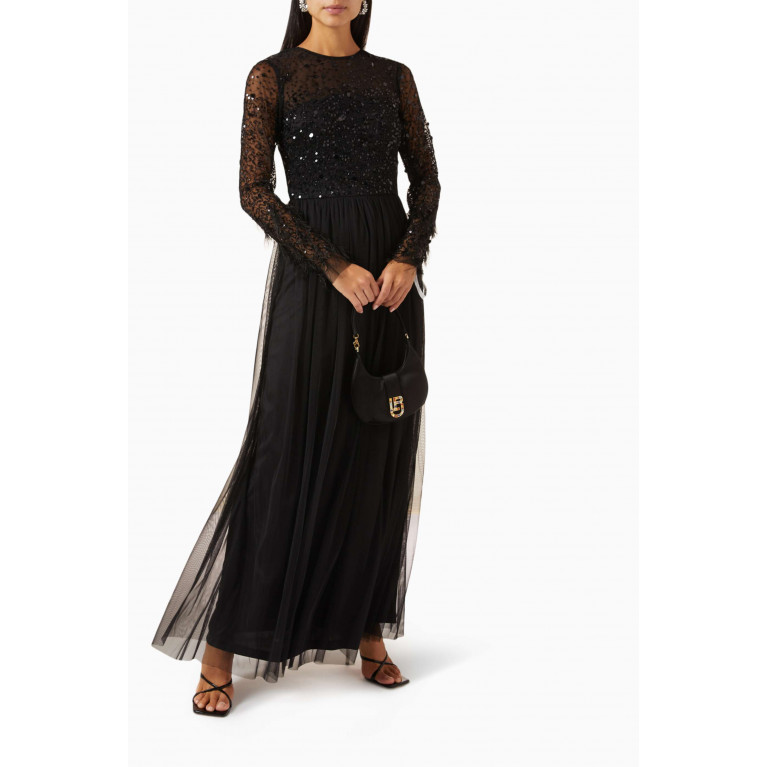 Amelia Rose - Feather-trimmed Embellished Maxi Dress in Tulle