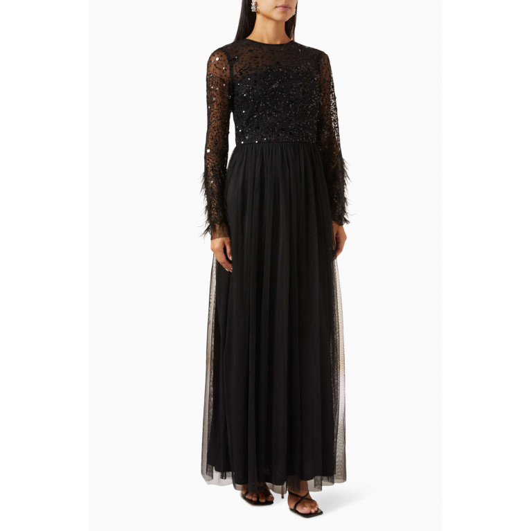 Amelia Rose - Feather-trimmed Embellished Maxi Dress in Tulle