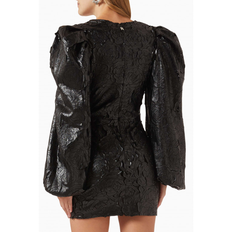 Rotate - Valenia Puff-sleeve Mini Dress in Floral-embossed Coated Fabric