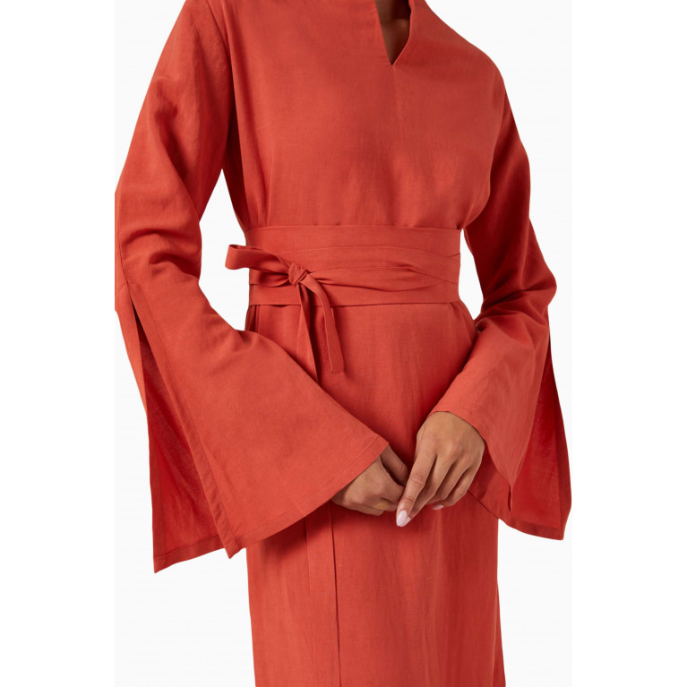 Roua AlMawally - Kimono Dress in Linen Blend Orange