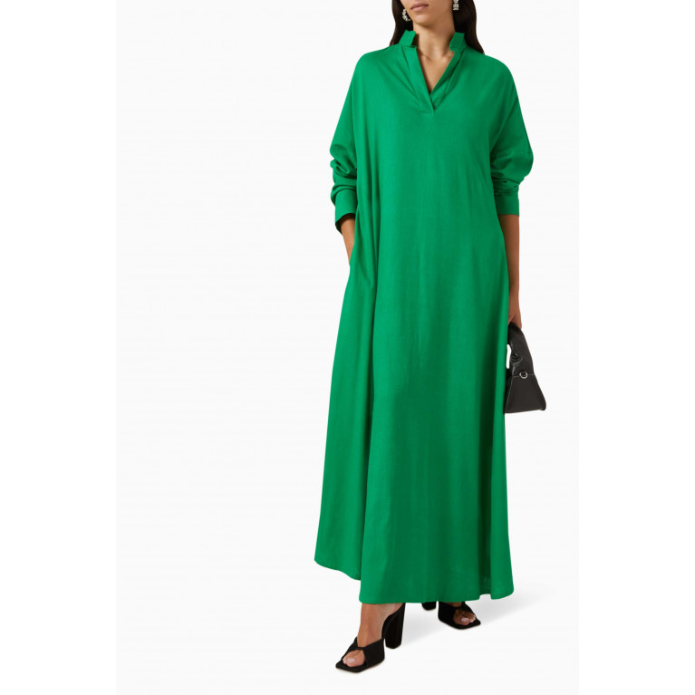 Roua AlMawally - Cloche Summer Kaftan in Linen Blend Green