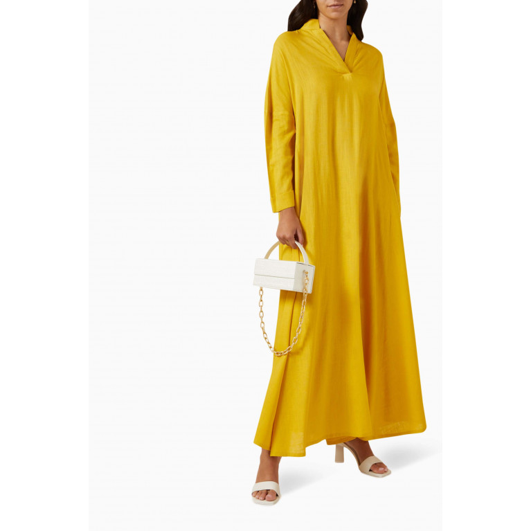 Roua AlMawally - Cloche Summer Kaftan in Linen Blend Yellow