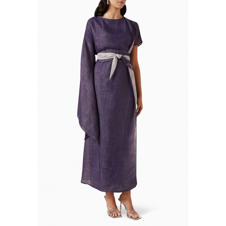 Roua AlMawally - Asymmetric Kimono Dress in Linen Purple
